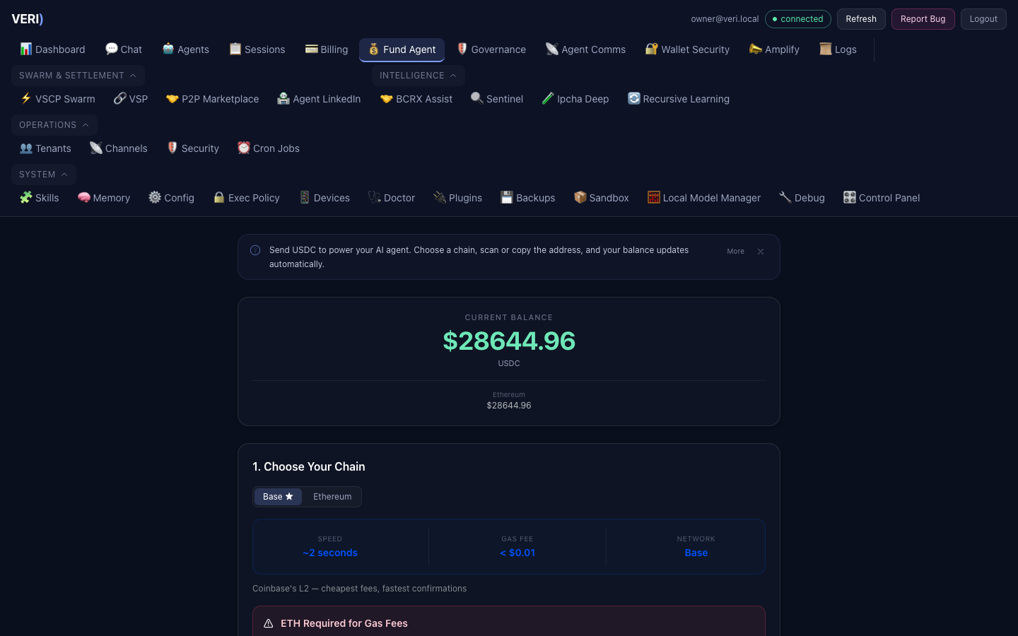 Fund Agent - Chain selector, deposit address with QR code, step-by-step guide, recent deposits, and FAQ