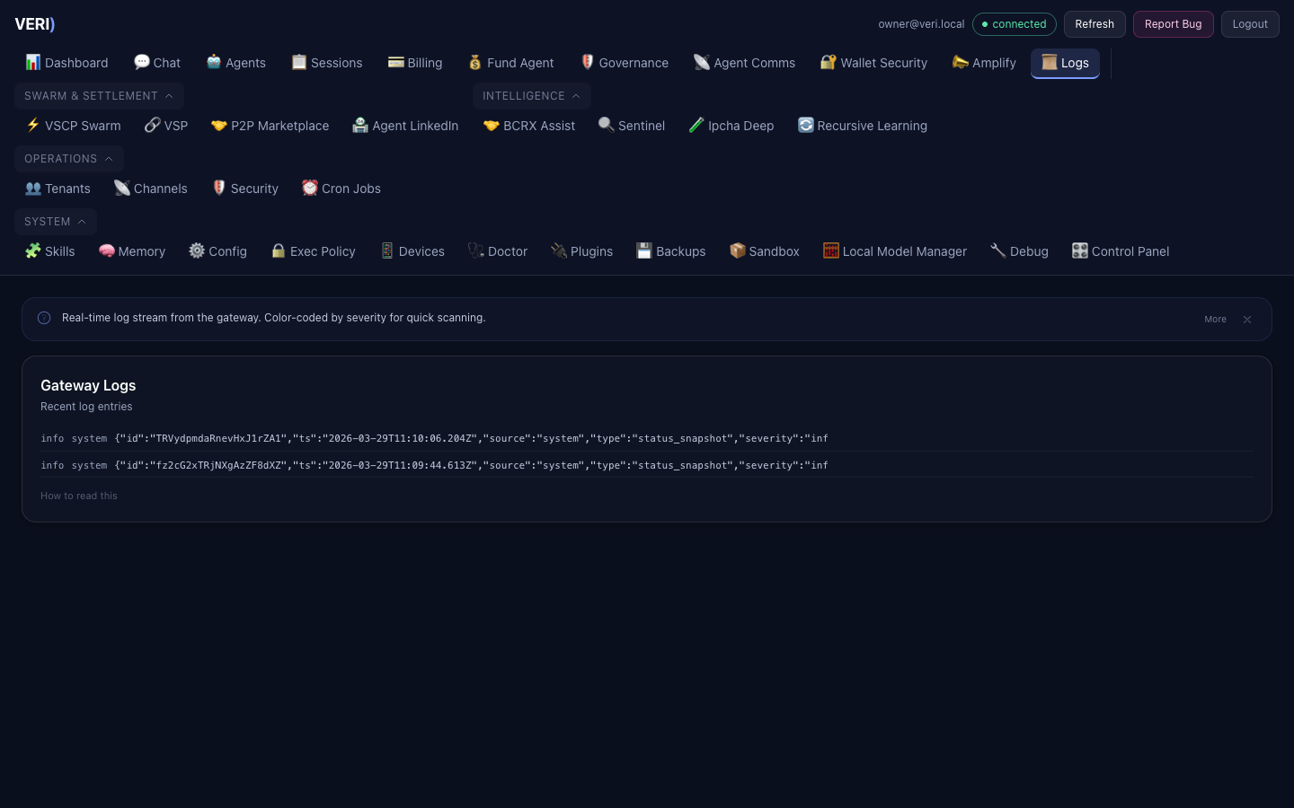 Real-time log stream with severity levels